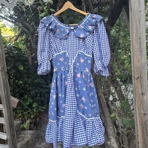 Vintage Blue Floral and Gingham Dress
